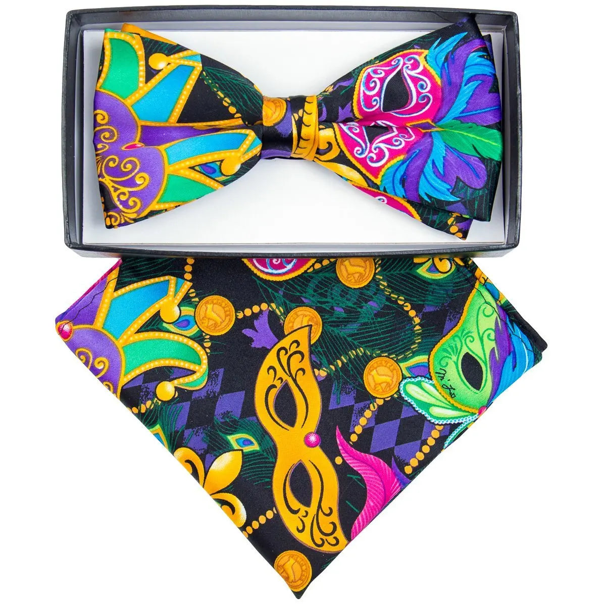 Mardi Gras Bowtie/PocketSquare - Mask/Beads