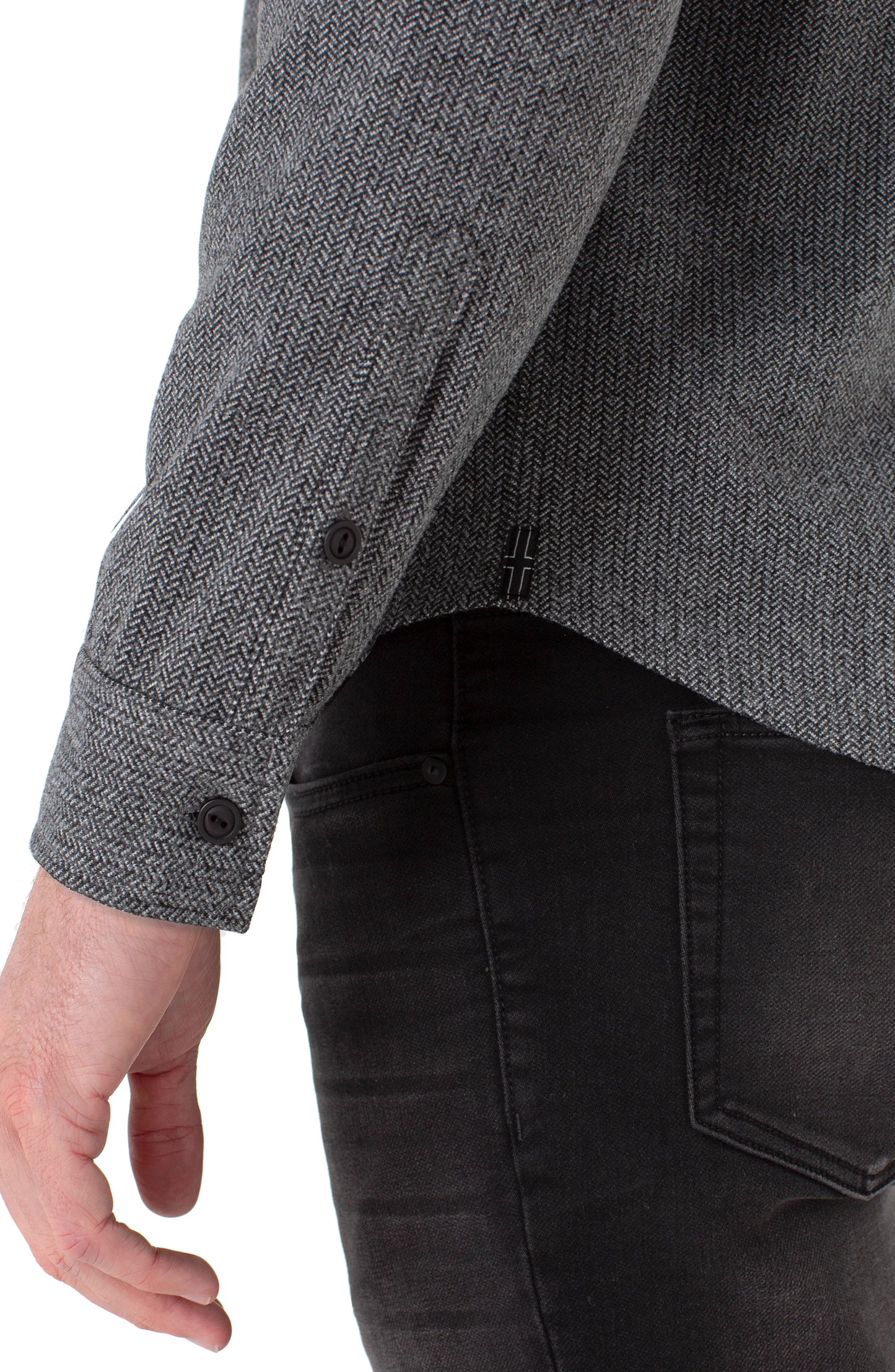 Knit Button Up Long Sleeve Shirt - Grey Herringbone