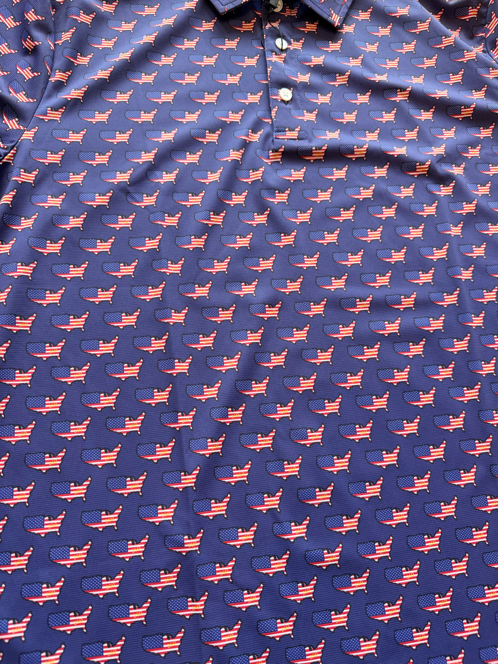 Close-up of American flag pattern on JD Buck USA 250th Anniversary polo