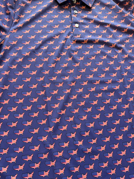 Close-up of American flag pattern on JD Buck USA 250th Anniversary polo