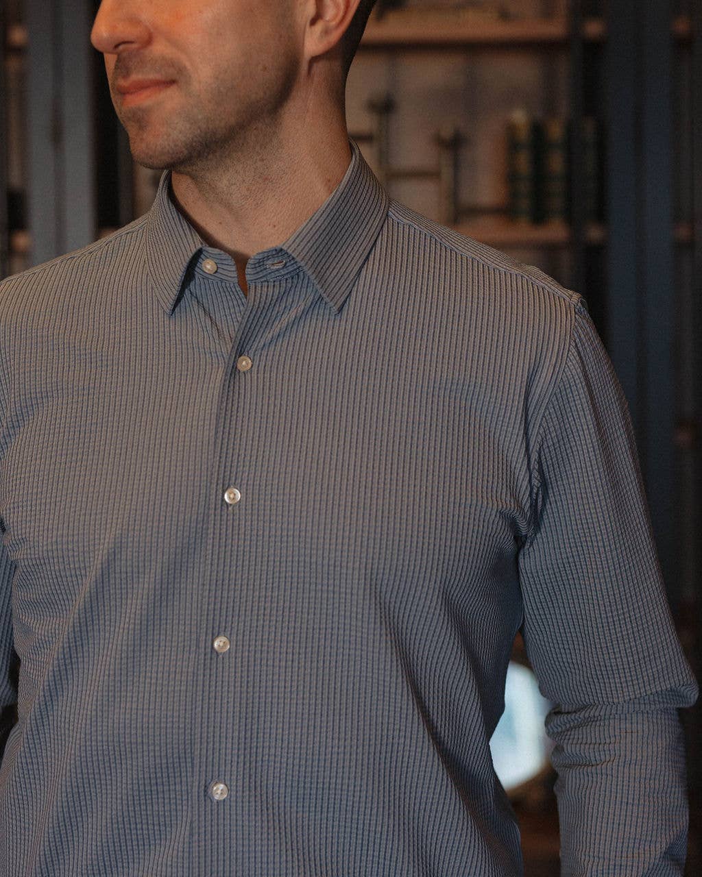 Striped Grain Long-Sleeve Shirt - Slate Blue