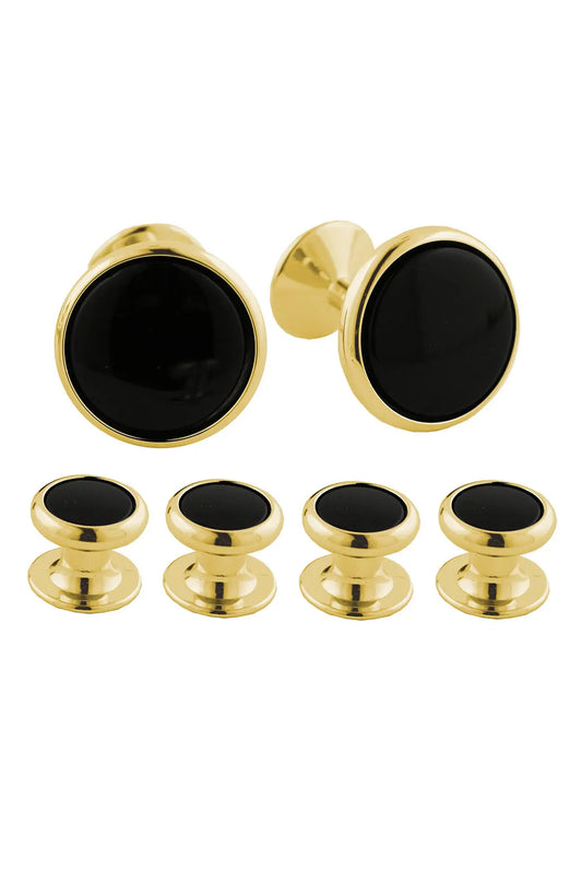 Brass Cuff Link & Stud Set in Yellow Brass/Onyx