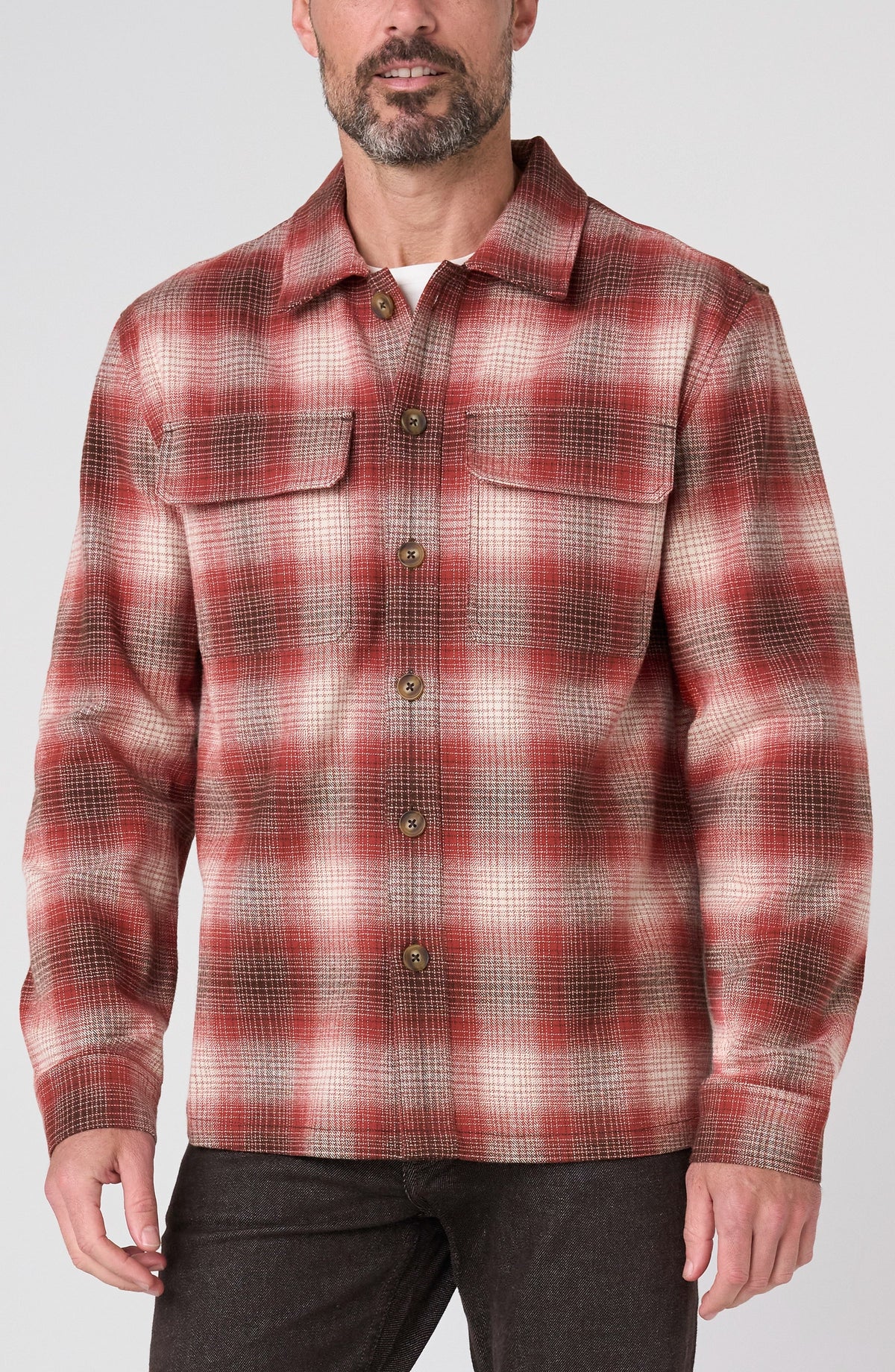 Flap-Pocket Overshirt - Rust Brown & Ivory