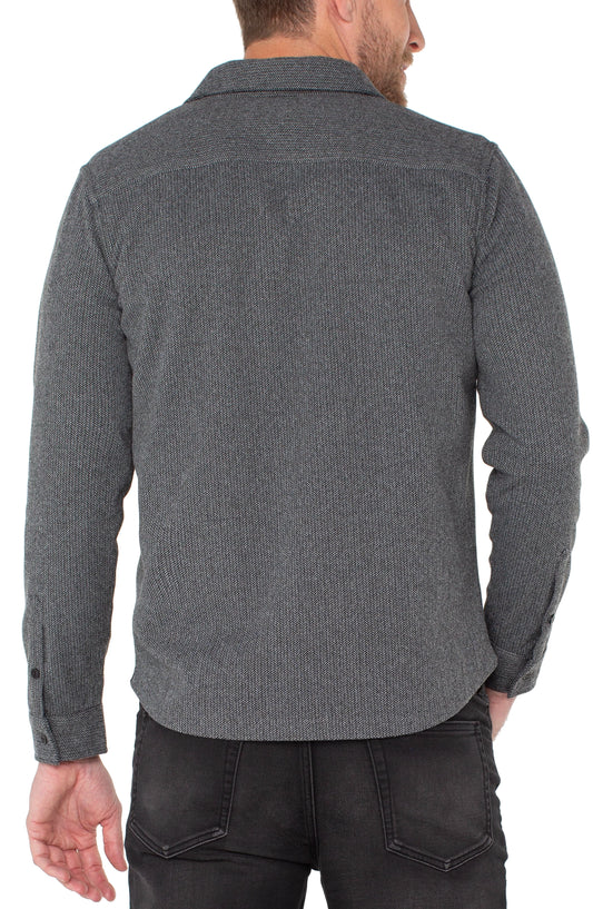 Knit Button Up Long Sleeve Shirt - Grey Herringbone