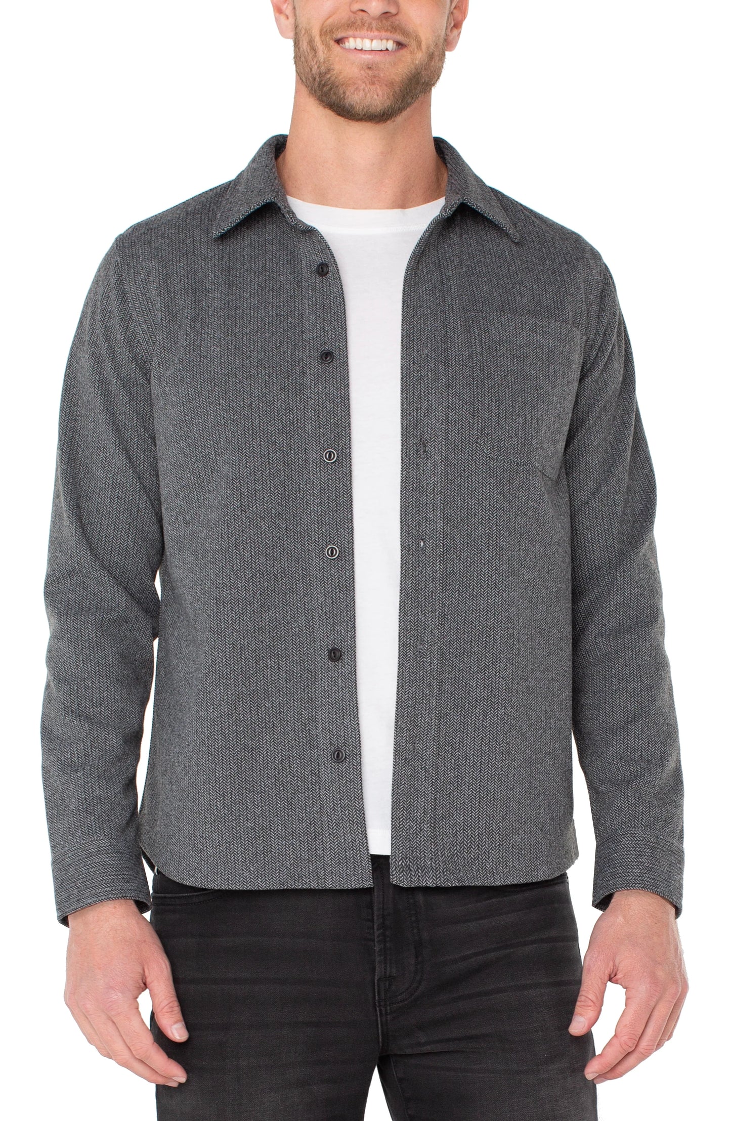 Knit Button Up Long Sleeve Shirt - Grey Herringbone