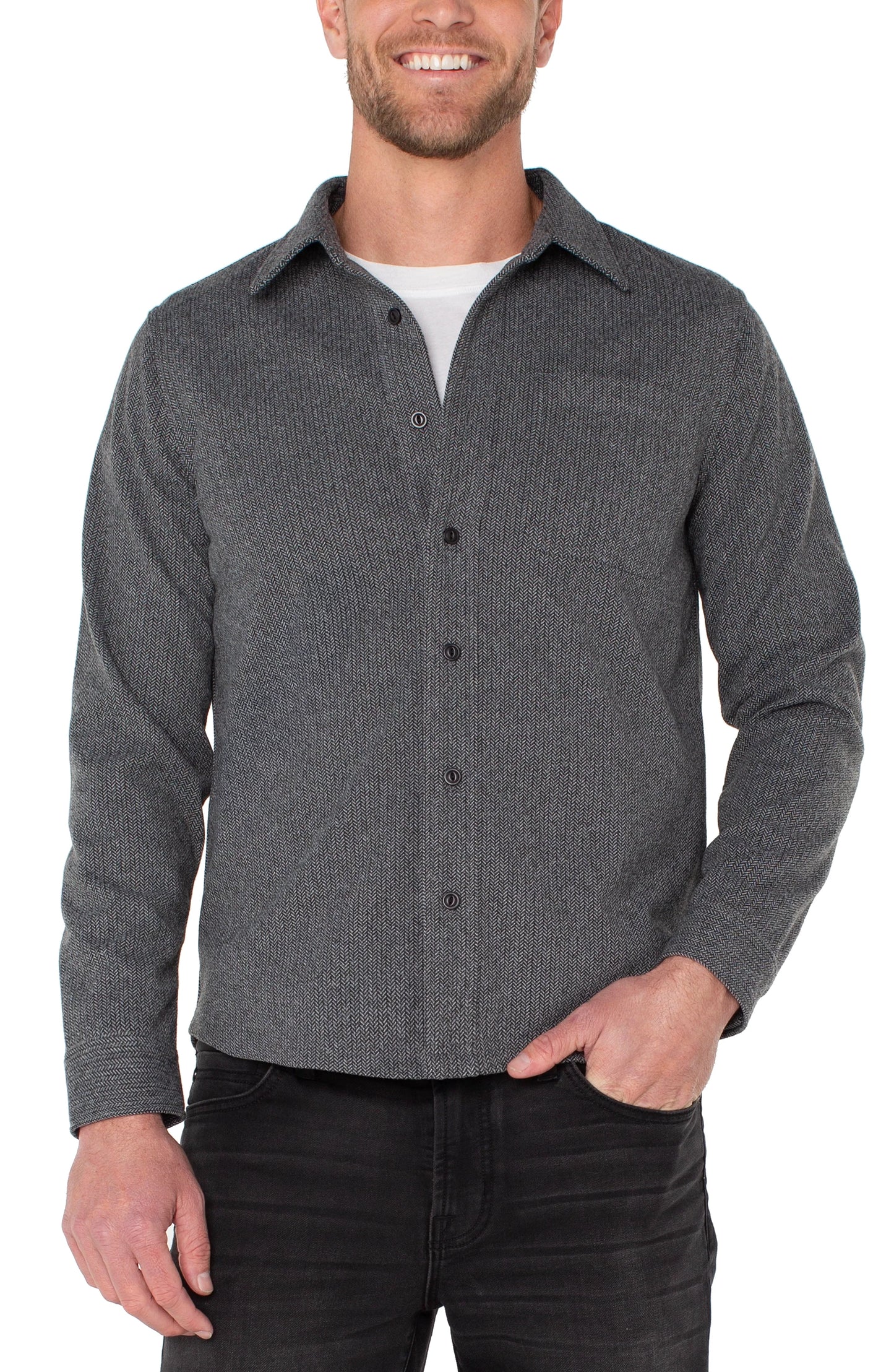 Knit Button Up Long Sleeve Shirt - Grey Herringbone