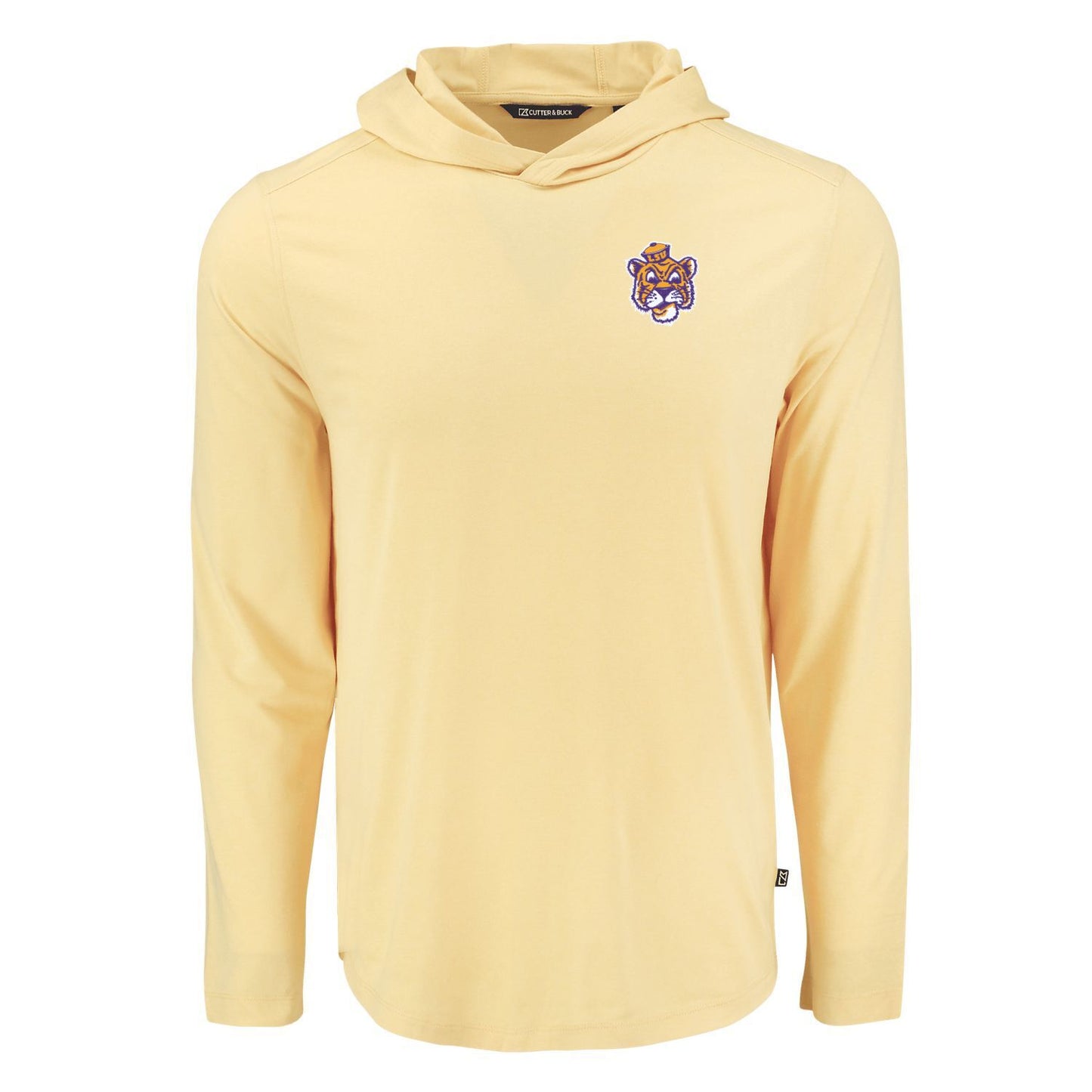 A LSU Tiger Sailor Mike college gold  long-sleeve hooded shirt with a small LSU tiger mascot logo on the left chest, displayed on a solid white background.