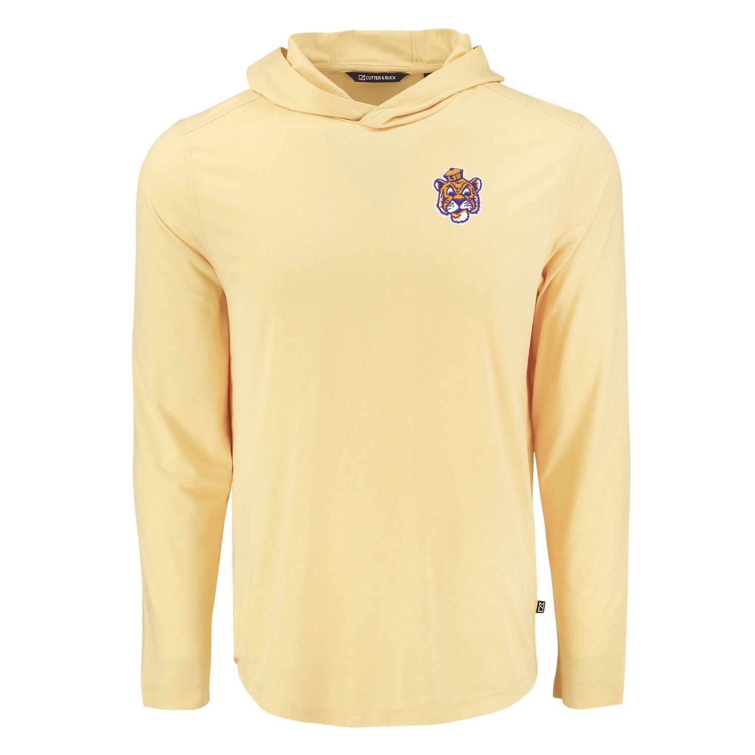 A LSU Tiger Sailor Mike college gold  long-sleeve hooded shirt with a small LSU tiger mascot logo on the left chest, displayed on a solid white background.