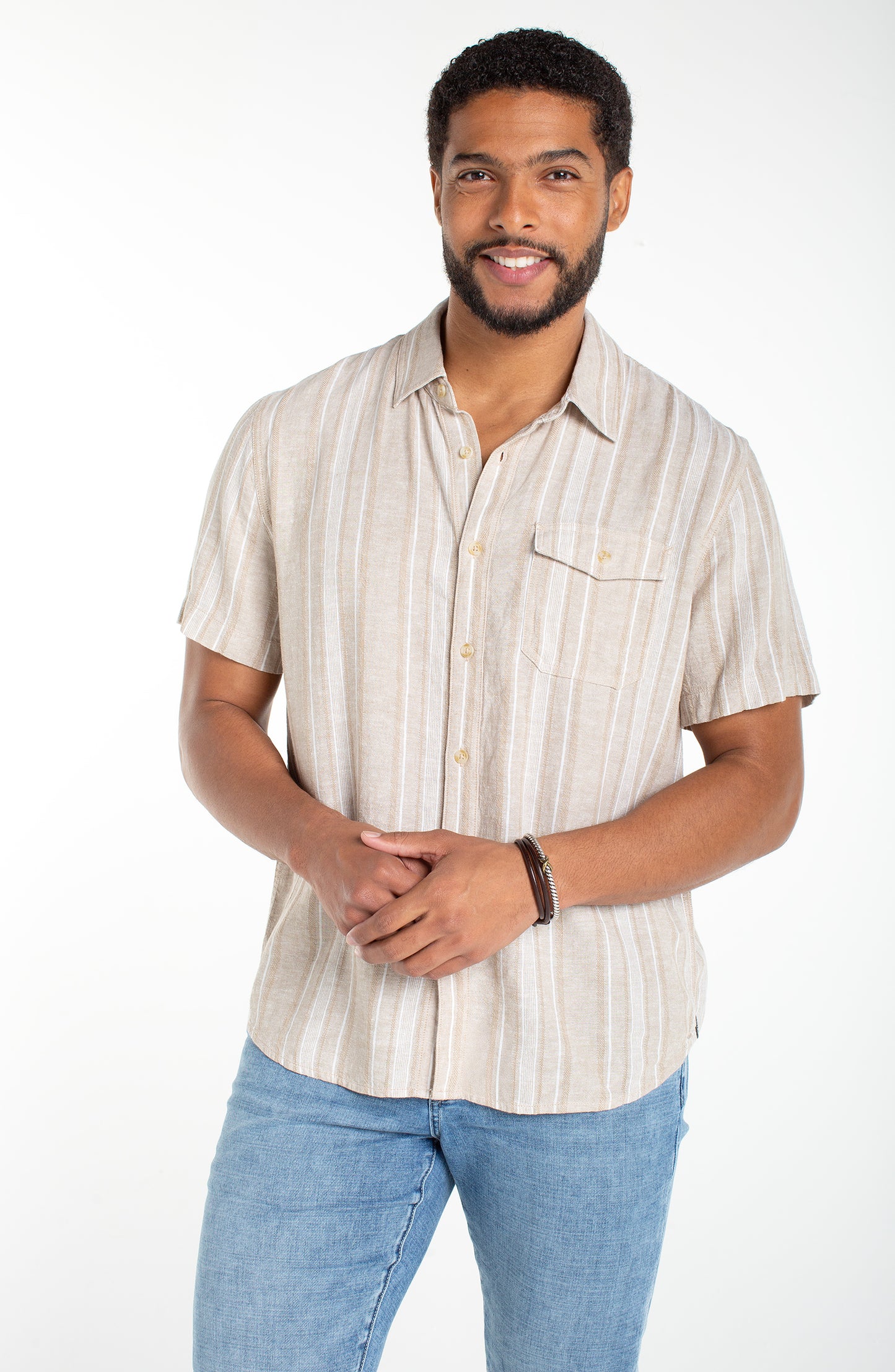 Khaki Stripe Short Sleeve Button-Up