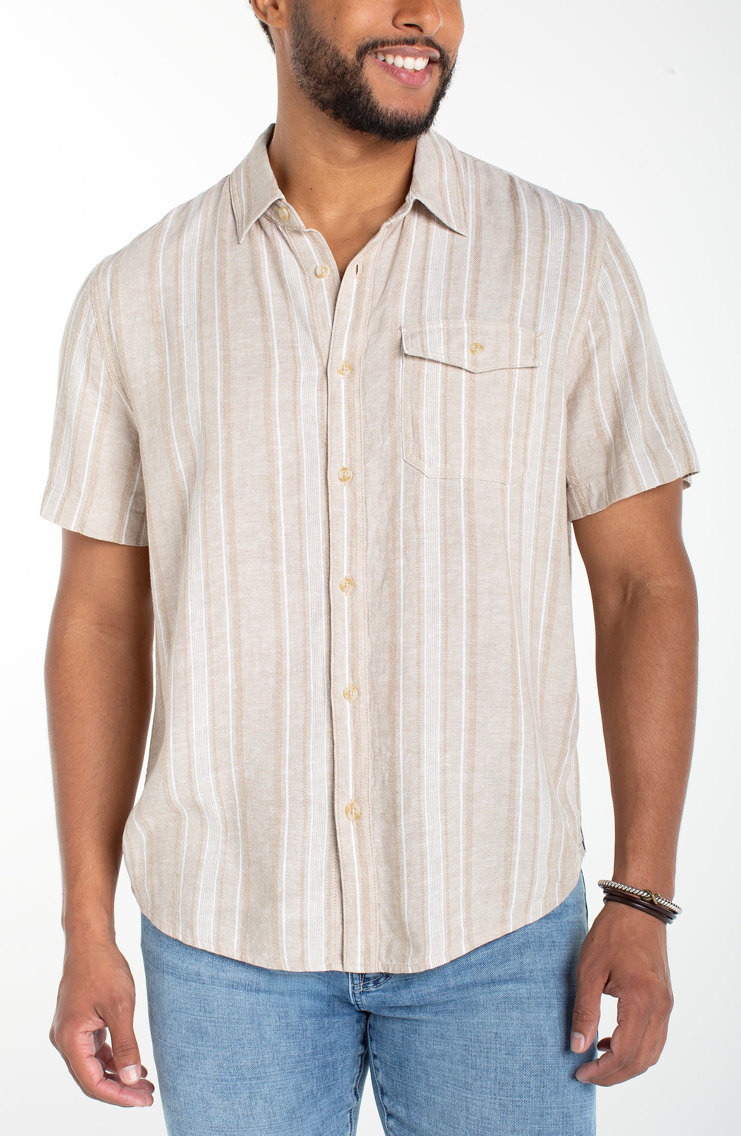 Khaki Stripe Short Sleeve Button-Up
