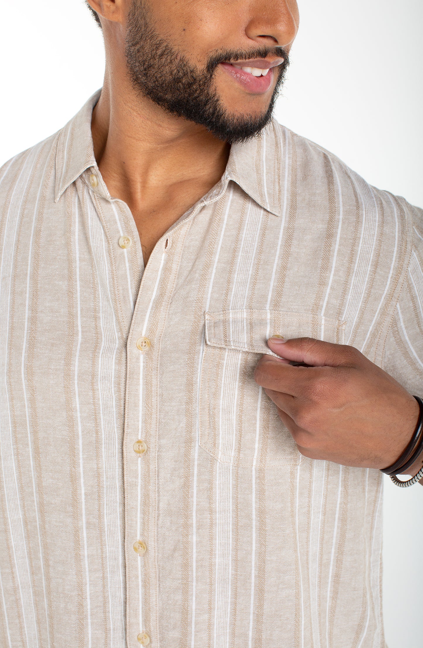 Khaki Stripe Short Sleeve Button-Up