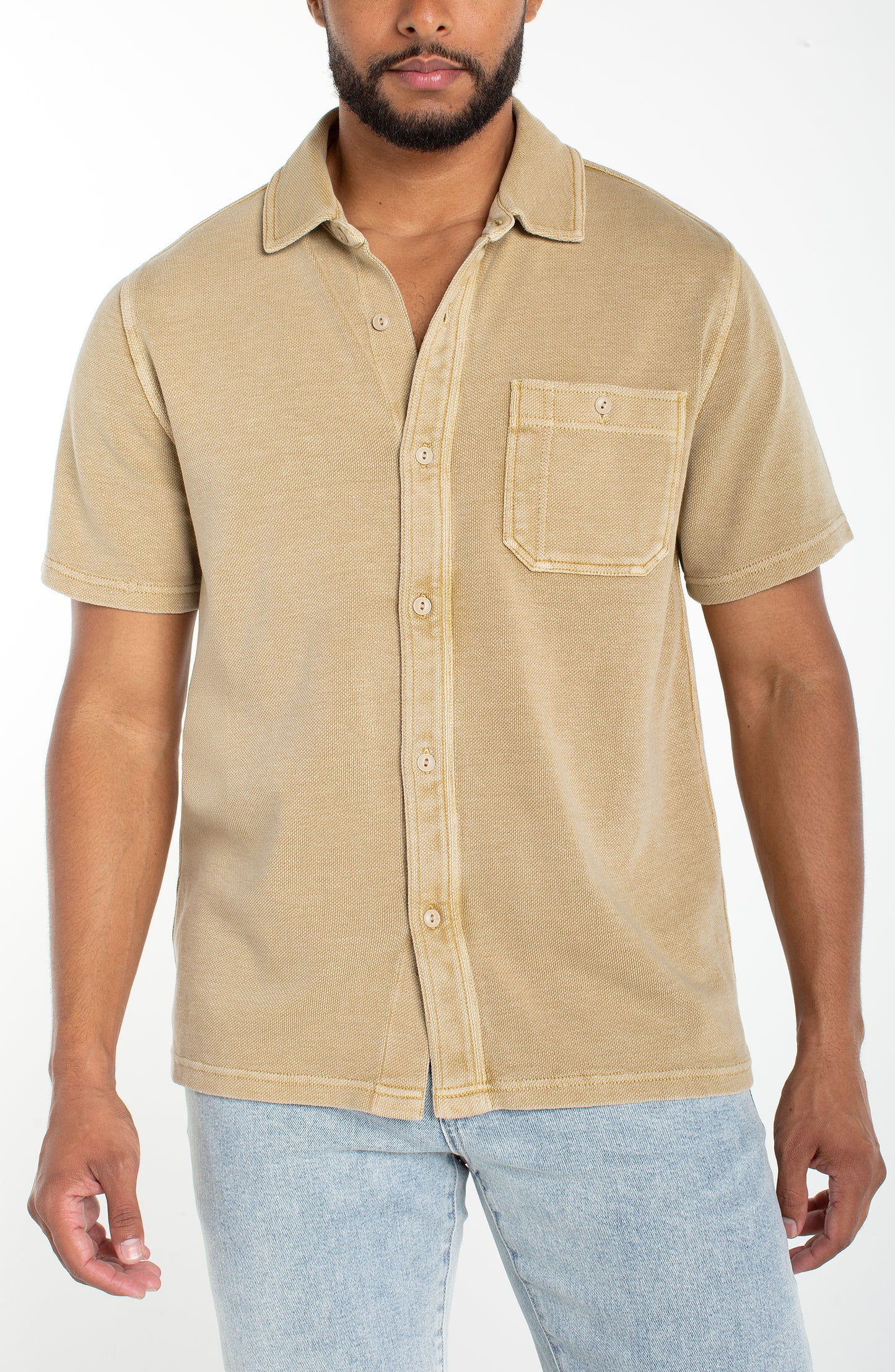 Textured Knit Short Sleeve Button-Up