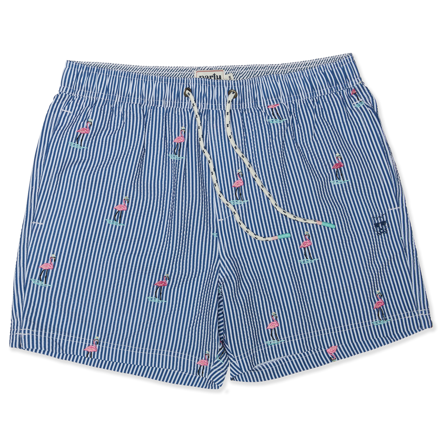 Party Pants Striped Flamingo 5” Swim Trunks