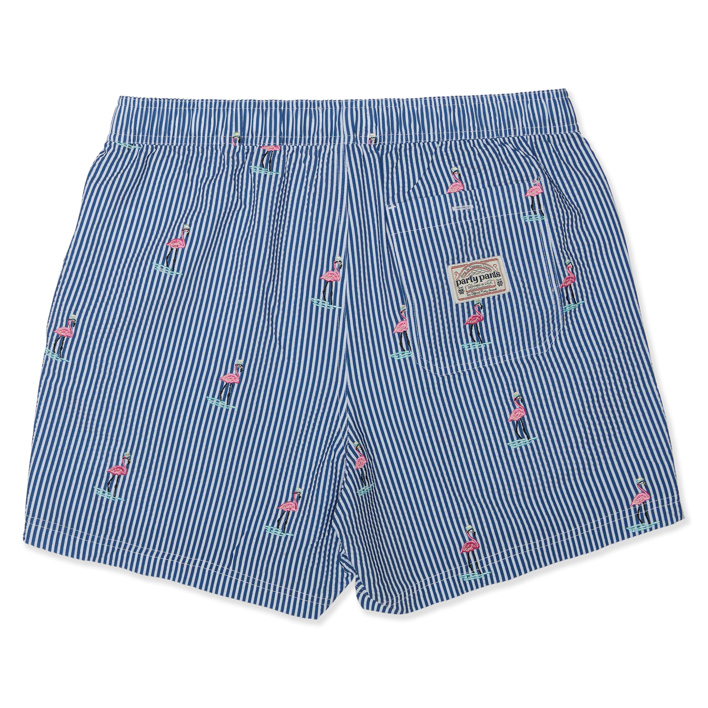 Party Pants Striped Flamingo 5” Swim Trunks