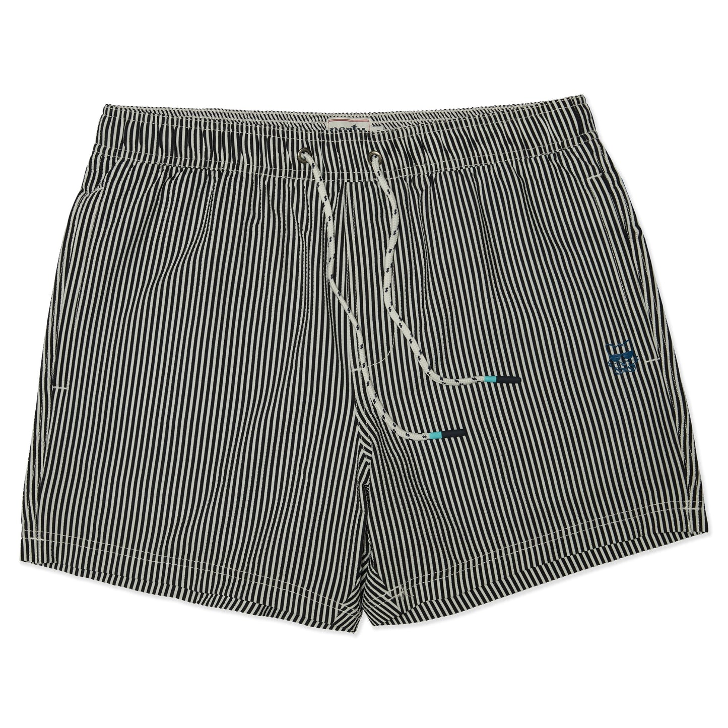 Party Pants Black Striped Seersucker 5" Swim Trunks