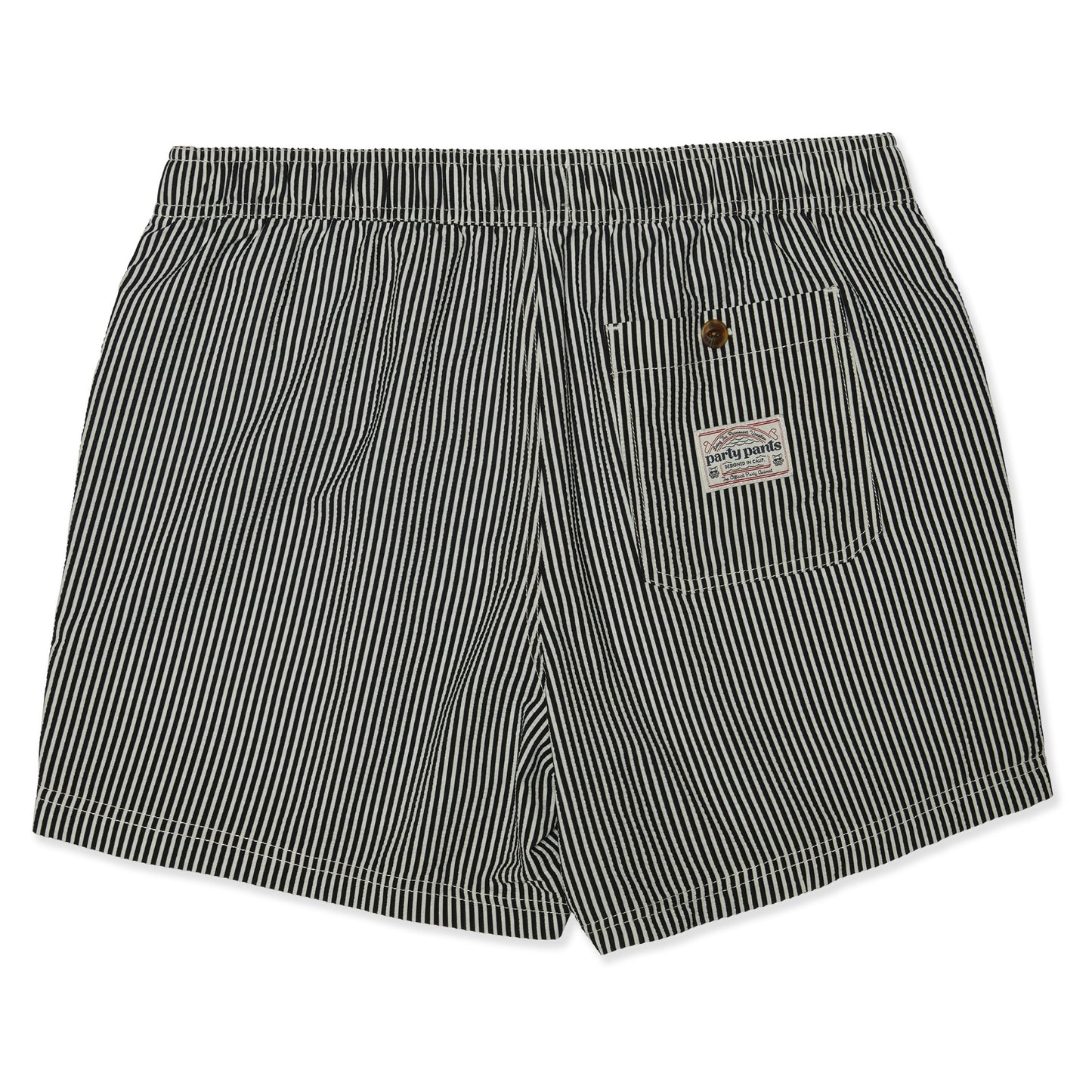 Party Pants Black Striped Seersucker 5" Swim Trunks