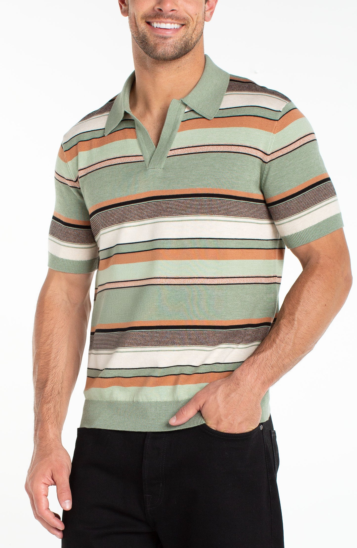 Striped Johnny Collar Sweater Polo