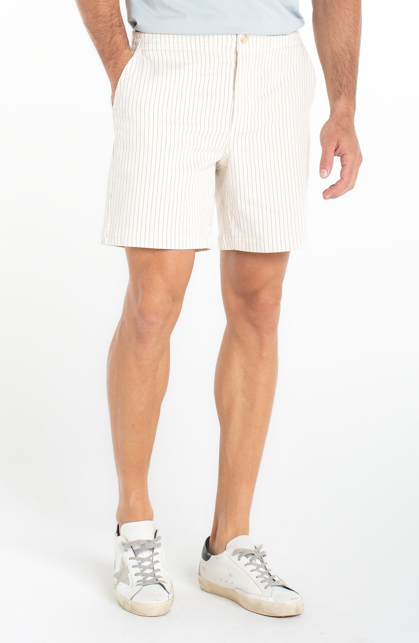 Pinstripe Denim Drawstring Shorts