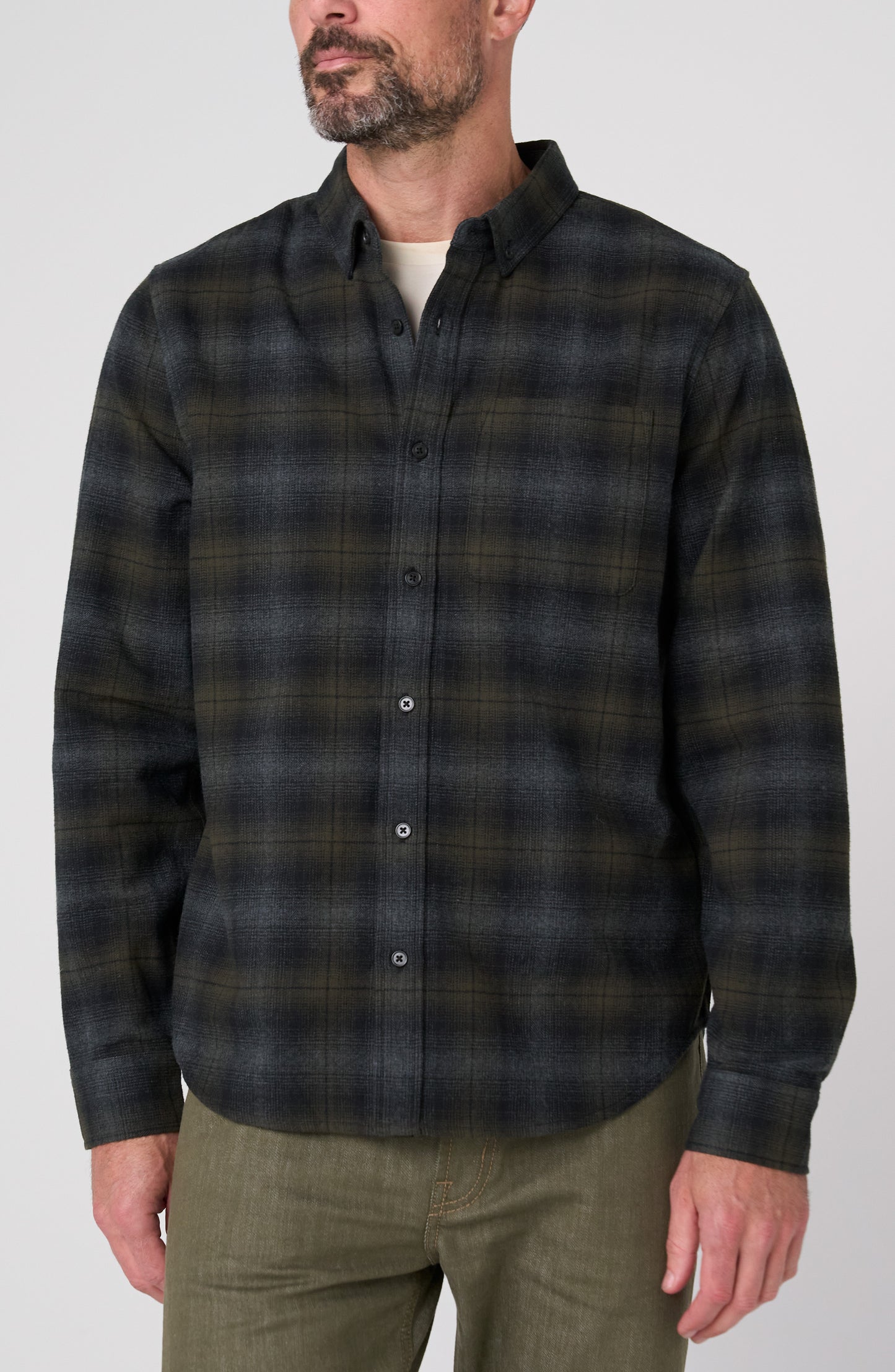 Long-Sleeve Button-Up Shirt – Olive/Black/Grey Multi