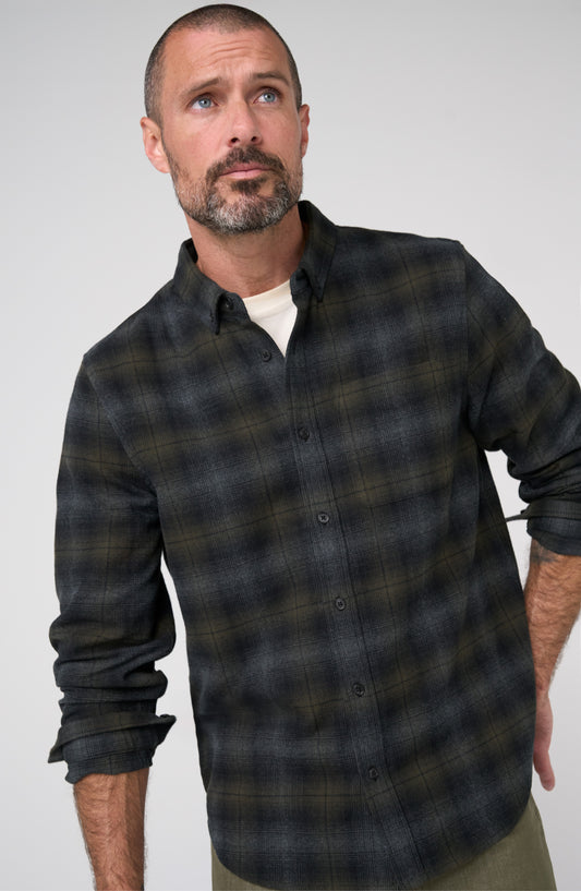 Long-Sleeve Button-Up Shirt – Olive/Black/Grey Multi
