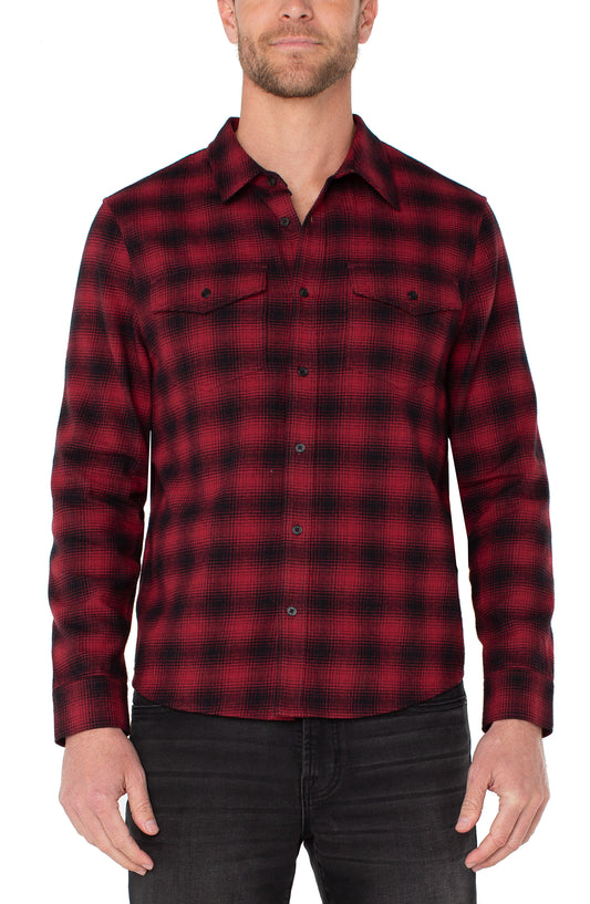 L/S Button Up Shirt Flap Pocket - Crimson/Multi