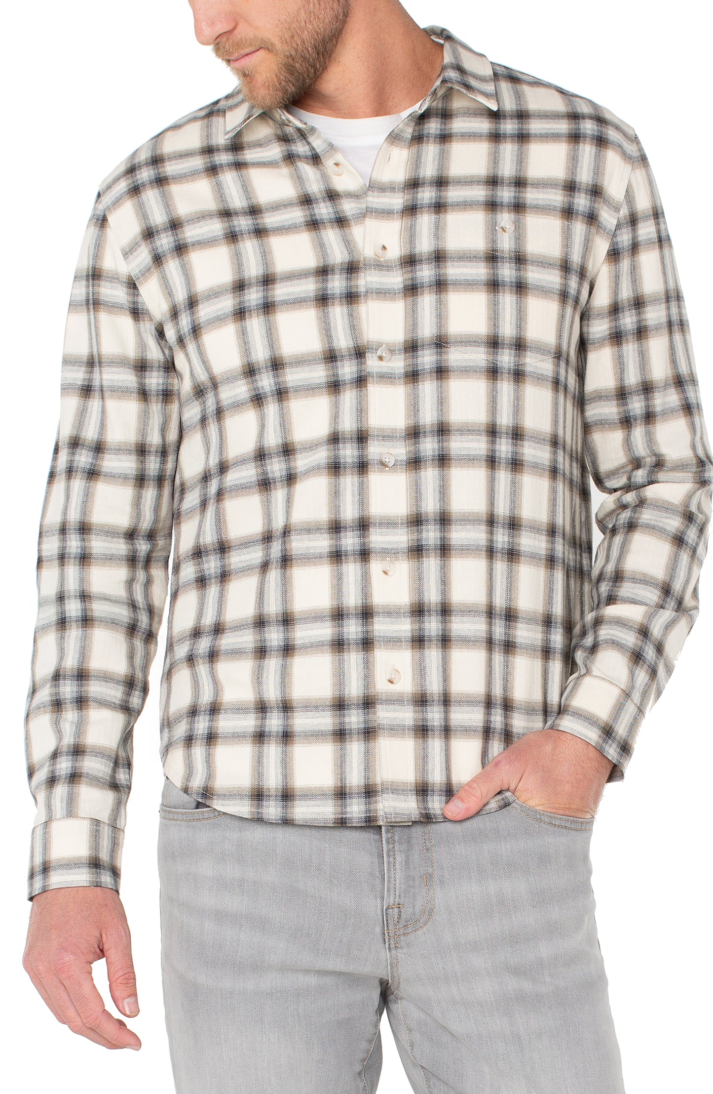 Curved Yoke Long Sleeve Button-Up