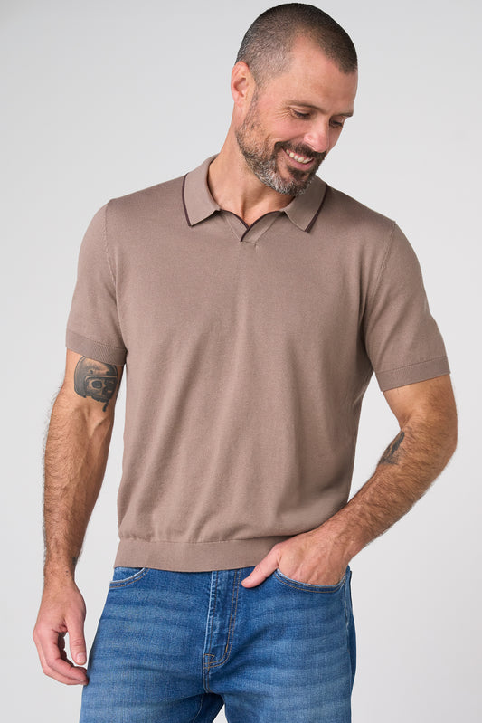 Tipped Johnny Collar Sweater Polo – Dark Wheat/Brown