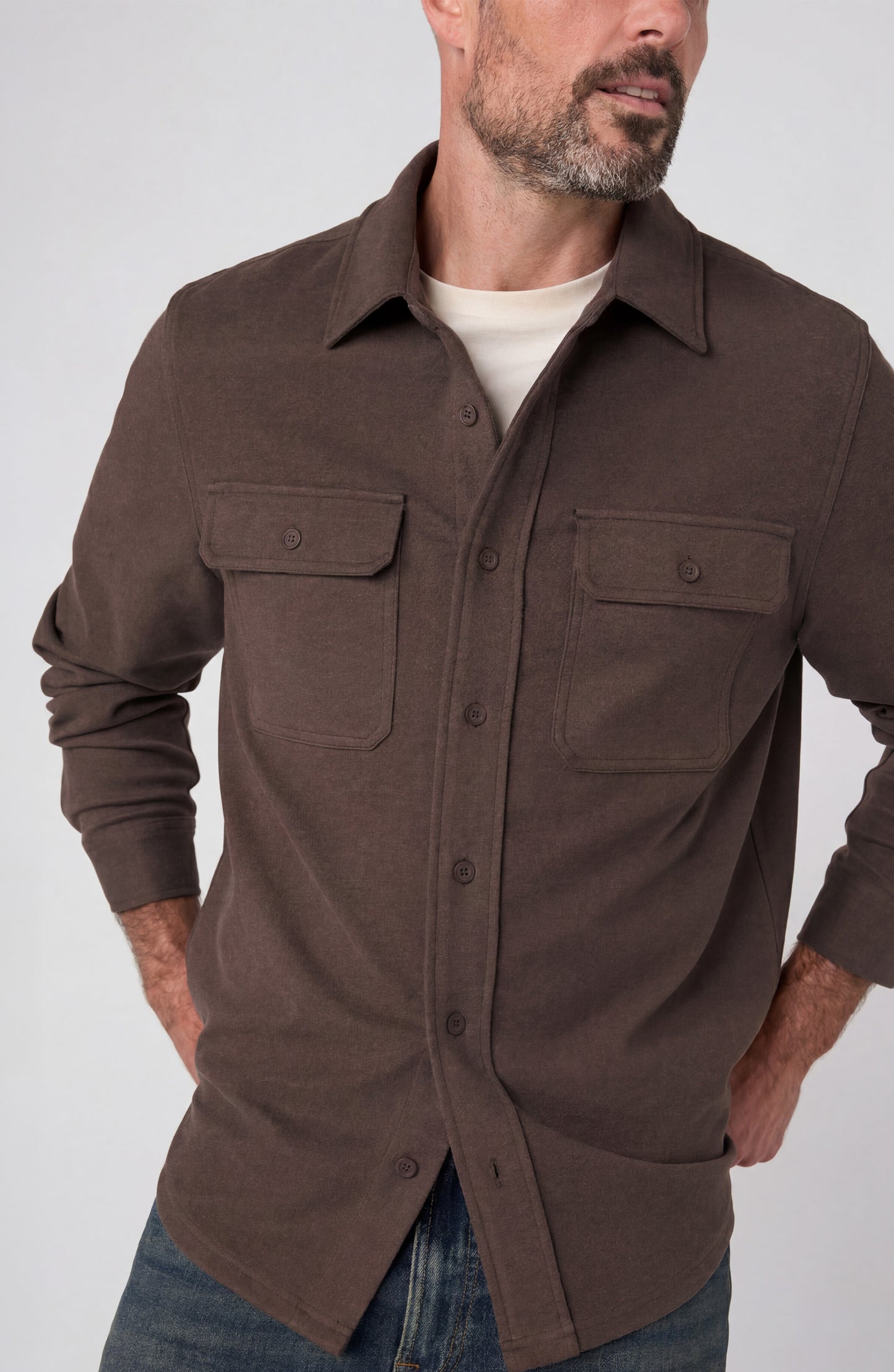Knit Long-Sleeve Button-Up Shirt with Flap Pockets – Deep Earth