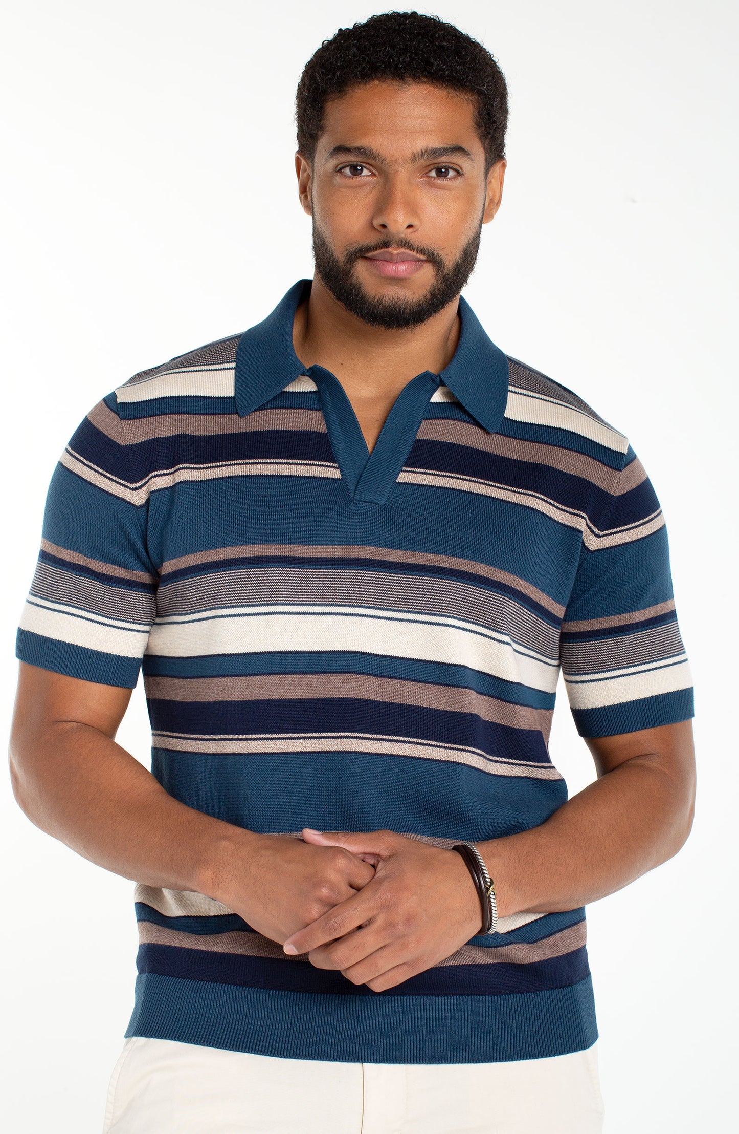 Striped Johnny Collar Sweater Polo