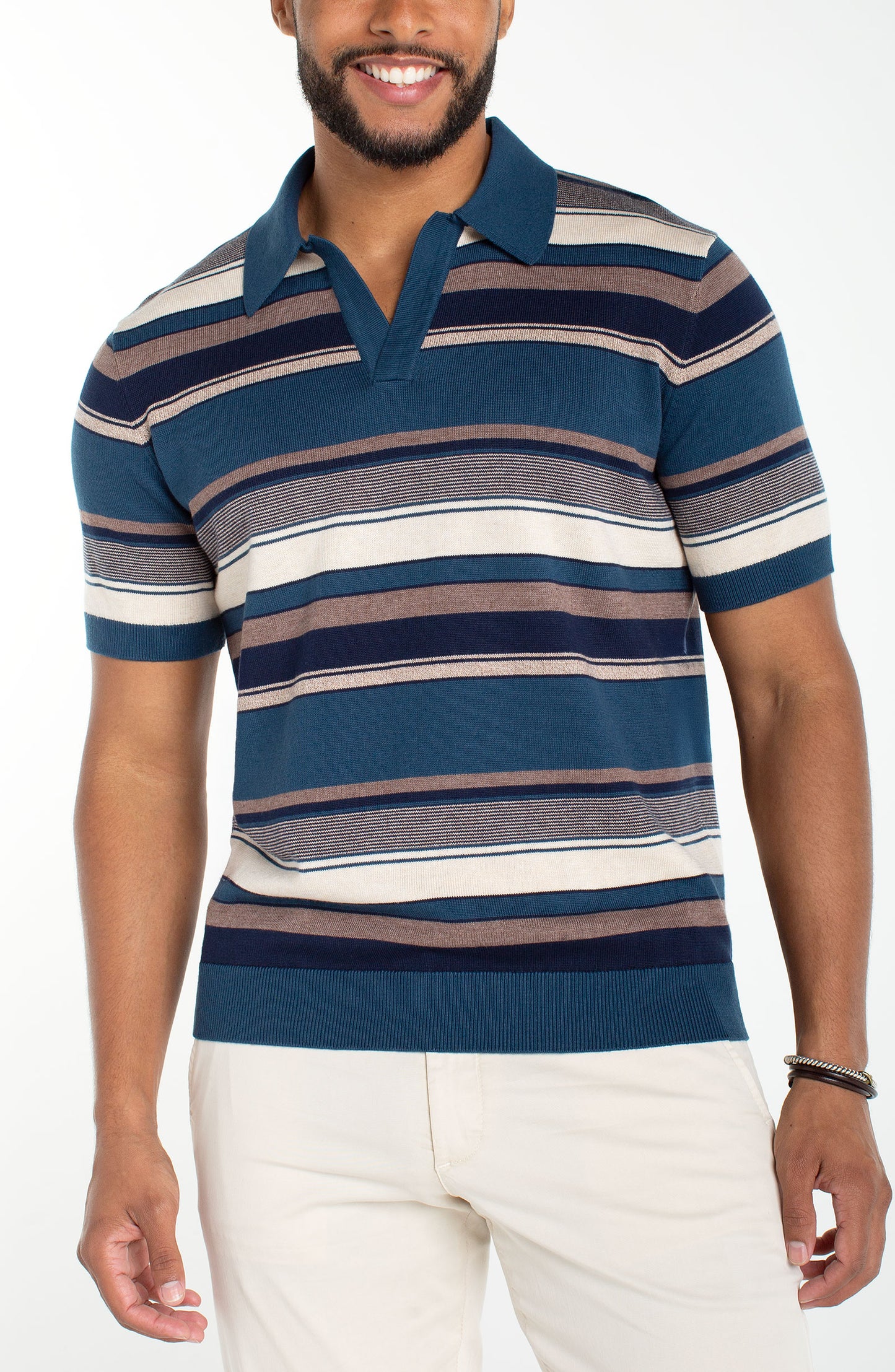 Striped Johnny Collar Sweater Polo