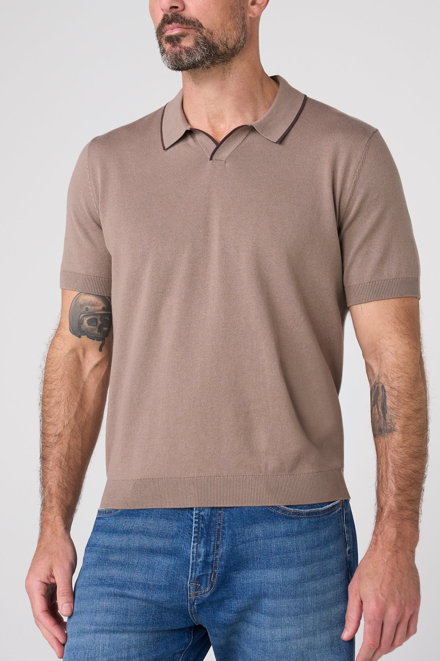 Tipped Johnny Collar Sweater Polo – Dark Wheat/Brown