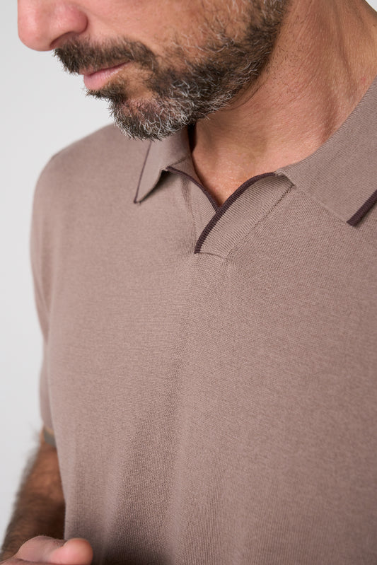 Tipped Johnny Collar Sweater Polo – Dark Wheat/Brown